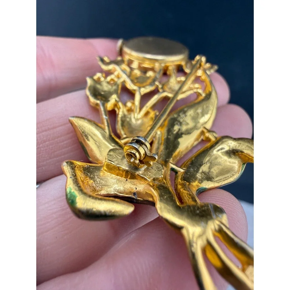 Vintage‎ Welsbro Watch Brooch Tulips Pot Metal Rhinestone NICE Untested